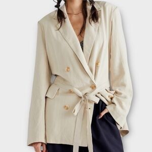 Free People Womens Blazer Jacket Medium Linen Blend Double Breasted Neutral NWOT
